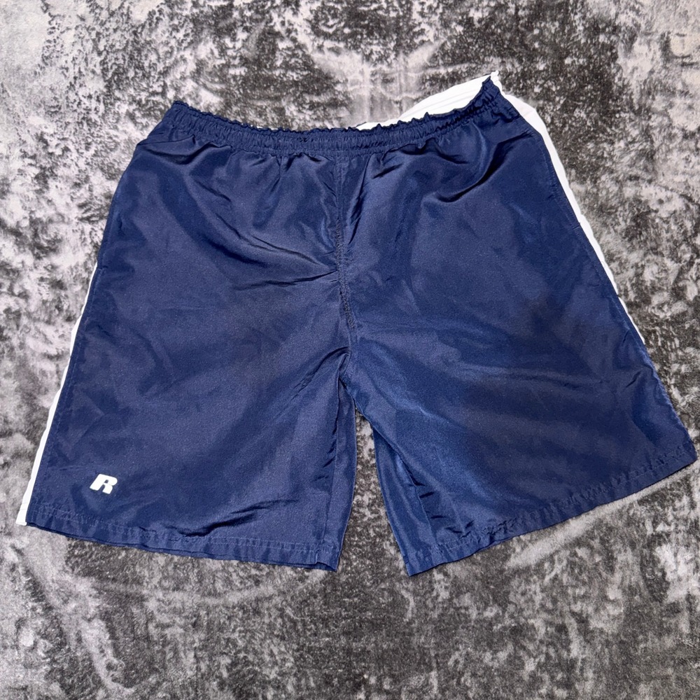 Russell Athletic Mens Navy Blue Striped Gym Shorts Size Medium Drawstring Pocket
